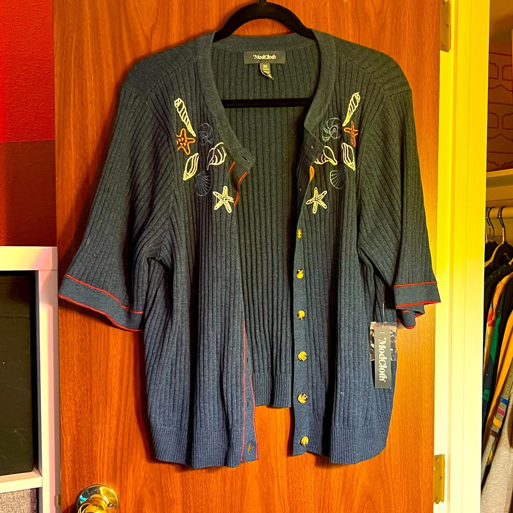 ModCloth blue short sleeved cardigan with embroidered details, size 2XL, NWT